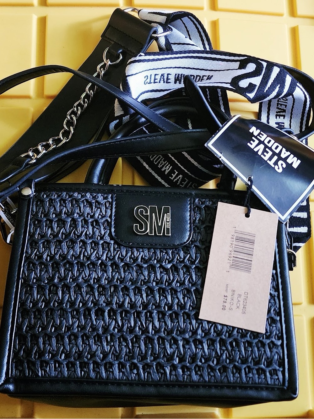Steve Madden Black Woven Crossbody Shoulder Bag with Logo Strap